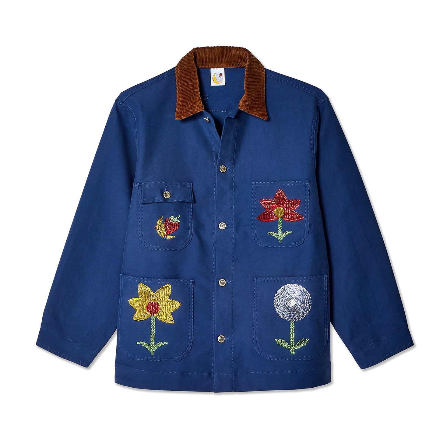 SEQUIN EMBROIDERED FLOWERS WORKWEAR DENIM CHORE COAT