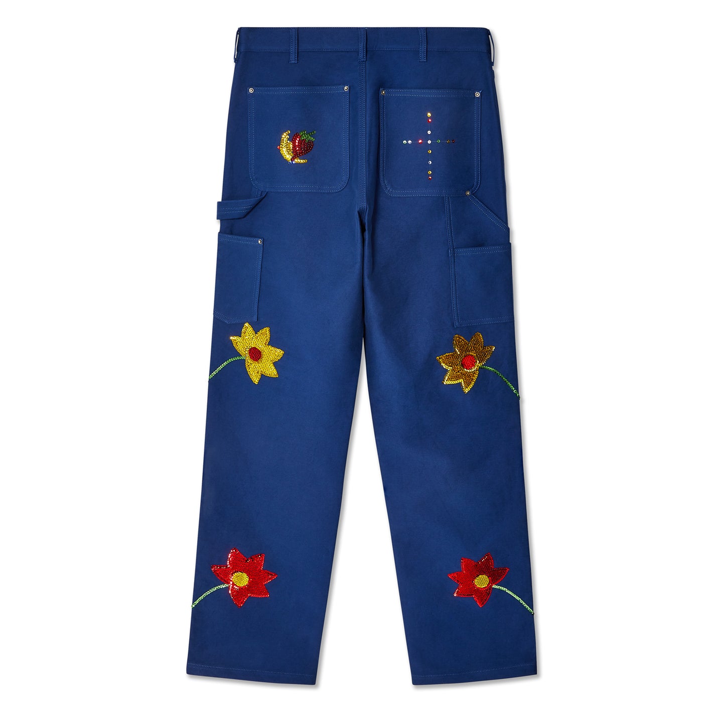 SEQUIN EMBROIDERED FLOWERS WORKWEAR DENIM DOUBLE KNEE PANTS