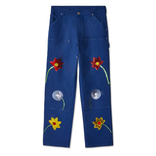 SEQUIN EMBROIDERED FLOWERS WORKWEAR DENIM DOUBLE KNEE PANTS